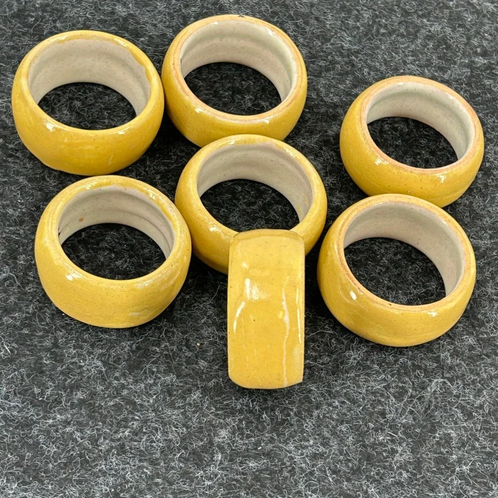 Mustard Yellow Ceramic Napkin Rings Set of 7 Artisan Glazed Stoneware